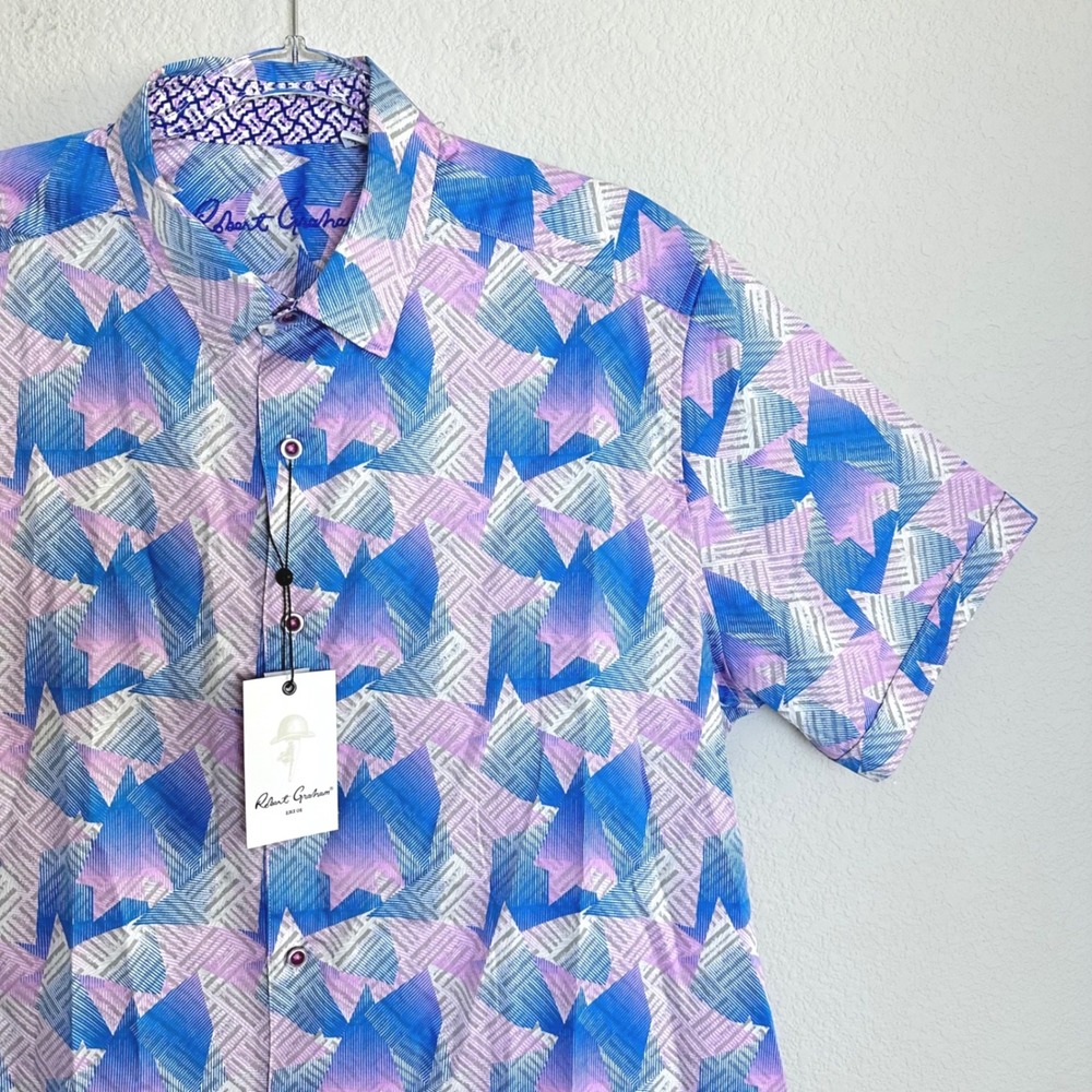 Robert Graham Mens XL Classic Fit Short Sleeve Geometric Abstract Shirt Blue NEW